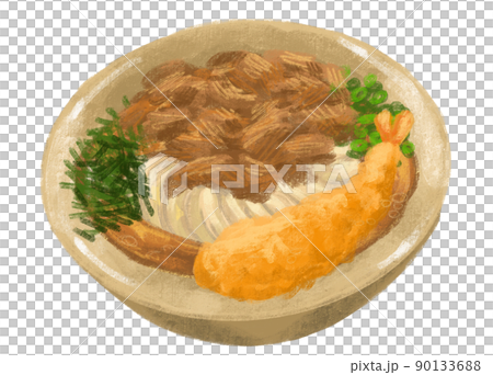 Japanese udon noodle beef shrimp tempura with seaweed and scallion illustration hand painting art Japanese udon noodle beef shrimp tempura with seaweed and scallion illustration hand painting art 90133688