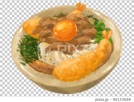 Japanese udon noodle beef shrimp tempura with seaweed and scallion illustration hand painting art Japanese udon noodle beef shrimp tempura with seaweed and scallion illustration hand painting art 90133689