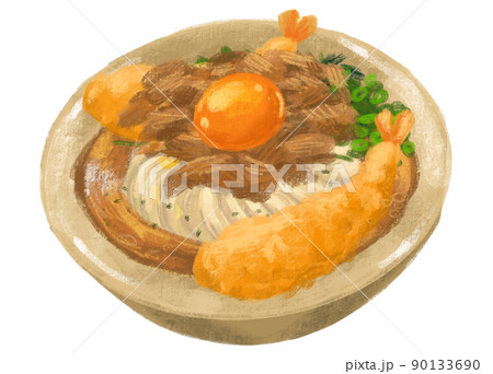 Japanese udon noodle beef shrimp tempura with seaweed and scallion illustration hand painting art Japanese udon noodle beef shrimp tempura with seaweed and scallion illustration hand painting art 90133690