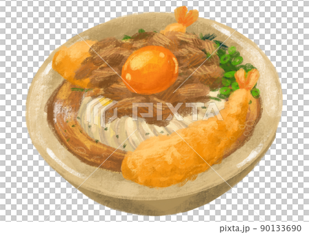 Japanese udon noodle beef shrimp tempura with seaweed and scallion illustration hand painting art Japanese udon noodle beef shrimp tempura with seaweed and scallion illustration hand painting art 90133690