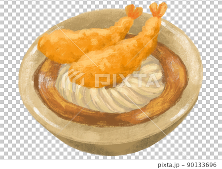 Japanese udon noodle shrimp tempura with seaweed and scallion illustration hand painting 90133696