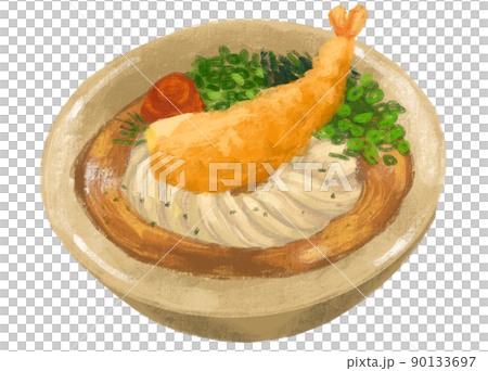 Japanese udon noodle shrimp tempura with seaweed and scallion illustration hand painting Japanese udon noodle shrimp tempura with seaweed and scallion illustration hand painting 90133697