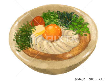 butter cream udon noodle soup egg yolk Japanese food illustration  hand drawing art 90133710