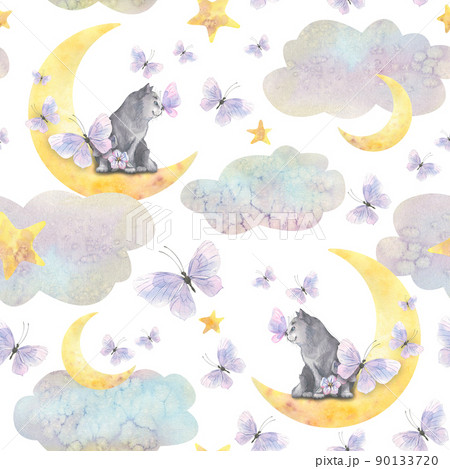 Cute, gray kittens are sitting on the moon in clouds with stars and lilac butterflies in the air. Children's, watercolor illustration. Seamless pattern. For fabric, wallpaper, cover. Cute, gray kittens are sitting on the moon in clouds with stars and lilac butterflies in the air. Children's, watercolor illustration. Seamless pattern. For fabric, wallpaper, cover. 90133720