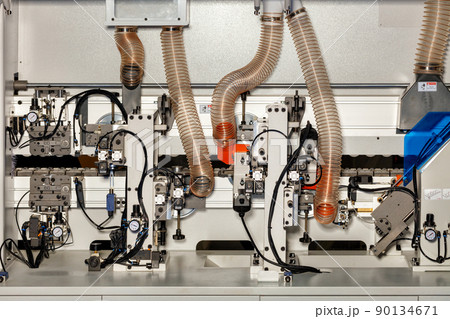 Internal air system of a modern woodworking machine with pressure gauges and control mechanisms. Internal air system of a modern woodworking machine with pressure gauges and control mechanisms. 90134671