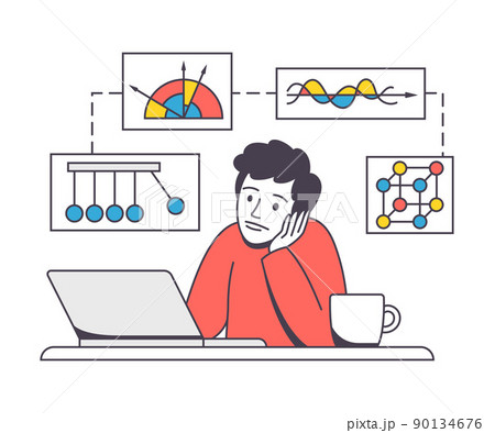 Online Learning with Man Student Engaged in Virtual Classes Outline Vector Illustration 90134676