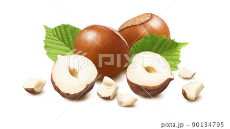 Hazelnuts in nutshell with small broken pieces and leaves 90134795