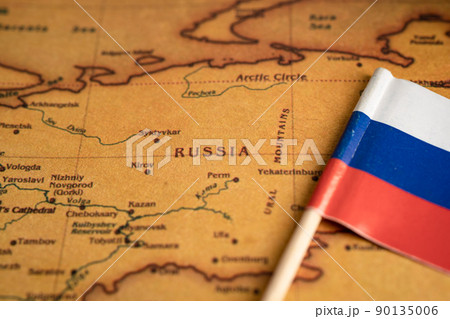 Bangkok, Thailand - February 1, 2022 Russia flag on world map background. Bangkok, Thailand - February 1, 2022 Russia flag on world map background. 90135006