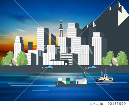 modern buildings along the mountain river 90135099