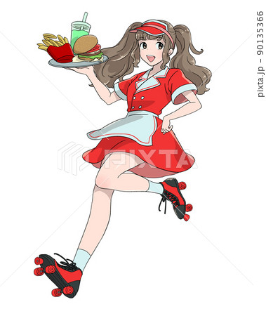 ローラースケートを履いたウエイトレスのイラスト ローラースケートを履いたウエイトレスのイラスト 90135366