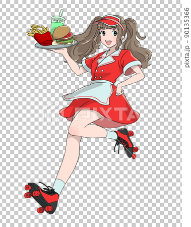 ローラースケートを履いたウエイトレスのイラスト ローラースケートを履いたウエイトレスのイラスト 90135366