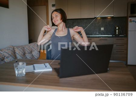 young asian woman at home, remote work 90136709