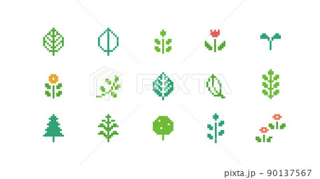 ドット絵　かわいい植物装飾セット　花　葉　ピクセル 90137567