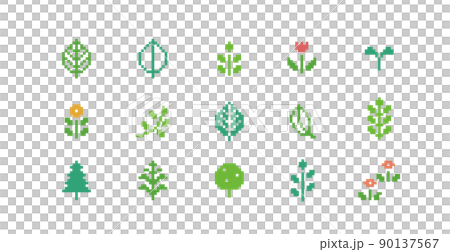 ドット絵　かわいい植物装飾セット　花　葉　ピクセル 90137567