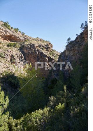 Mountain landscape with pine trees, blue sky 90138899