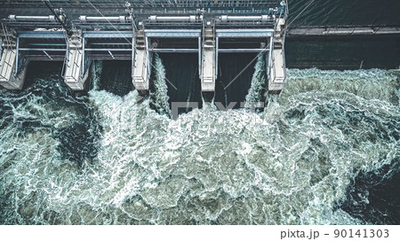Graphite themed view of dam in spring Graphite themed view of dam in spring 90141303