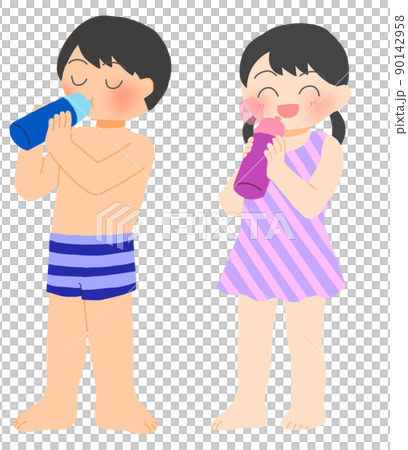 Children in swimsuits hydrating 90142958