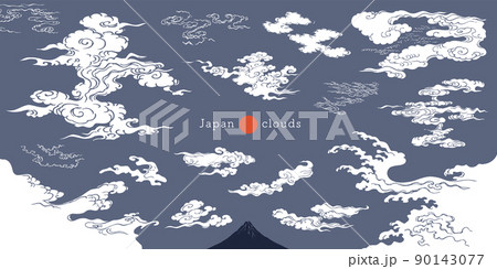 浮世絵タッチの霞と雲デザインセット。 90143077