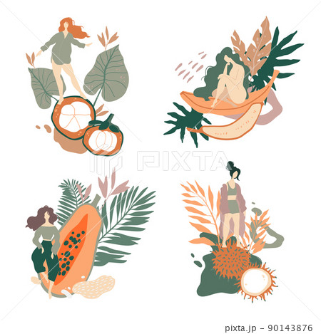 Concept illustration with woman, exotic fruits and jungle leaves. 90143876