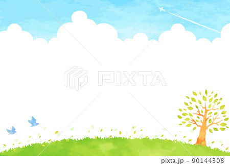 優しい手描きの木と草原の風景イラスト 90144308