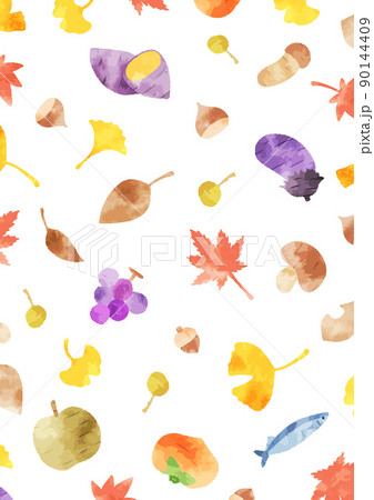 かわいい手描きの秋の味覚と植物の背景イラストのイラスト素材