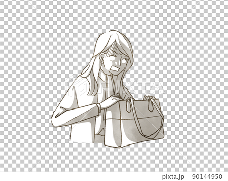 A woman who is shocked to see inside the bag 90144950