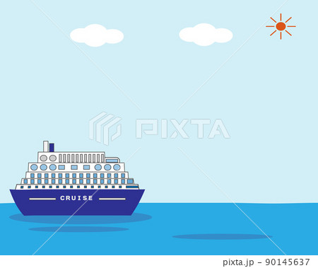 天気のいい日に豪華客船でクルーズを楽しんでいるクルーズ船のイラスト・海面・海・風景・フレーム・枠 90145637