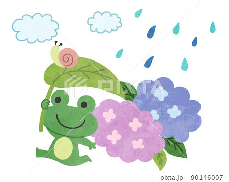 梅雨 雨の日の紫陽花とカエルのイラスト素材のイラスト素材