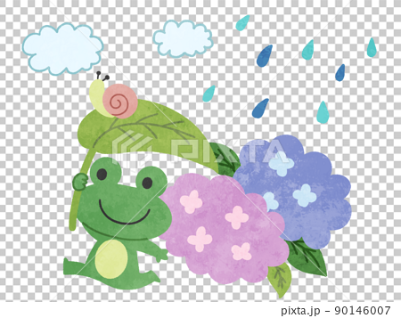 梅雨・雨の日の紫陽花とカエルのイラスト素材 90146007