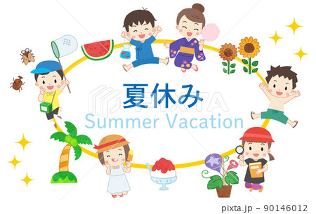 夏休みを楽しむ子供たちの手描き風イラストフレーム素材 90146012