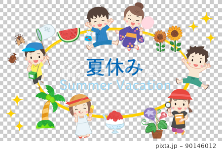 夏休みを楽しむ子供たちの手描き風イラストフレーム素材 90146012