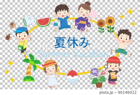 夏休みを楽しむ子供たちの手描き風イラストフレーム素材 夏休みを楽しむ子供たちの手描き風イラストフレーム素材 90146012
