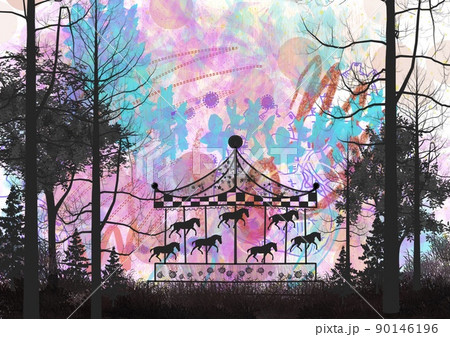 森 木 メリーゴーランド 馬 風景 ファンタジーのイラスト素材