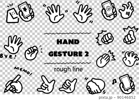 スマートホンを握るなど白黒のラフで柔らかい線画のハンドサインのベクターイラストセット 90146852