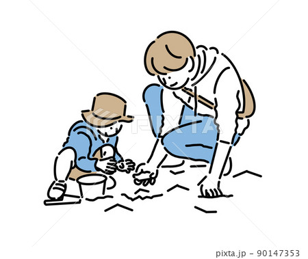 砂場で一緒に遊ぶお父さんと子供 90147353
