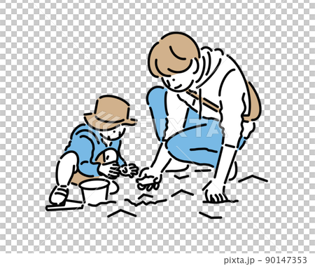 砂場で一緒に遊ぶお父さんと子供 90147353