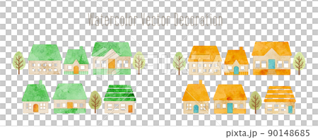 Illustration of a house and a tree with a watercolor touch (green & orange) 90148685