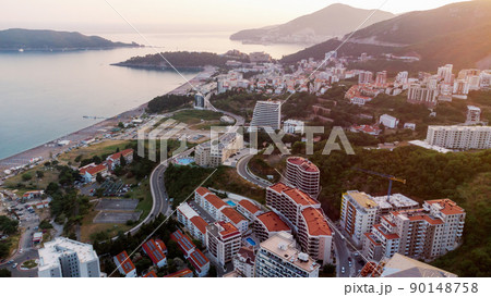 View from flying drone. Panoramic cityscape of becici, Budva, Montenegro. Top View. Beautiful destinations 90148758