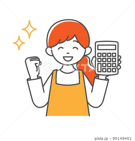 電卓を持ってガッツポーズをする主婦のシンプルイラストのイラスト素材