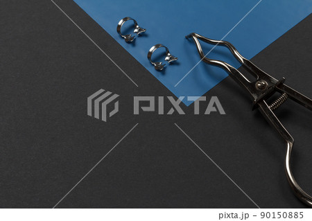 Dental instruments for teeth dental care on black background. Dental instruments for teeth dental care on black background. 90150885