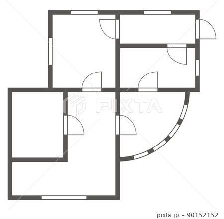 Apartment architectural plan. Black and white isolated condominium or house. Floor plan, interior design kitchen, bedrooms, living room, dining room and bathroom. Apartment without furniture top view Apartment architectural plan. Black and white isolated condominium or house. Floor plan, interior design kitchen, bedrooms, living room, dining room and bathroom. Apartment without furniture top view 90152152