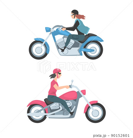 Bikers riding motorcycles, side view set. Young people using two wheeled transport cartoon vector illustration Bikers riding motorcycles, side view set. Young people using two wheeled transport cartoon vector illustration 90152601