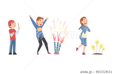 Children celebrating holiday with firecrackers and sparklers set cartoon vector illustration 90152631
