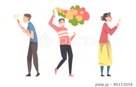 Happy people celebrating holiday with sparklers and firecrackers their hands cartoon vector illustration 90153058