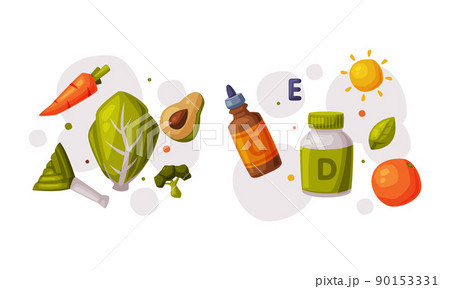 Healthy diet and sports objects set. Fresh organic food and supplements vector illustration Healthy diet and sports objects set. Fresh organic food and supplements vector illustration 90153331