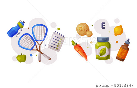 Healthy diet and sports objects set. Tennis racquets, supplements and vitamins vector illustration Healthy diet and sports objects set. Tennis racquets, supplements and vitamins vector illustration 90153347