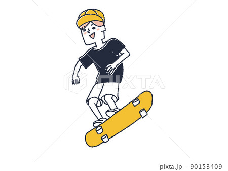 スケートボードをしている男性 コミカルな手書きの人物 ベクター 温かみのある線画のイラスト素材