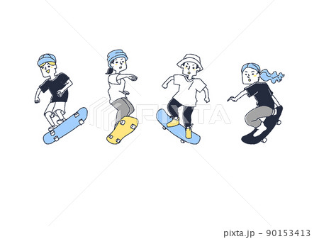 スケートボードをしている人々のセット　コミカルな手書きの人物　ベクター、温かみのある線画 90153413