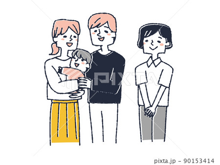 乳児の養子を迎え入れた幸福な夫婦と孤児院の職員　コミカルな手書きの人物　ベクター、温かみのある線画 90153414