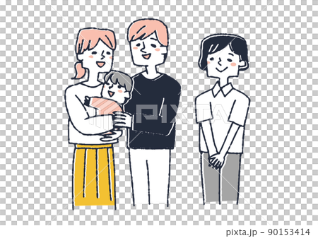 乳児の養子を迎え入れた幸福な夫婦と孤児院の職員　コミカルな手書きの人物　ベクター、温かみのある線画 90153414